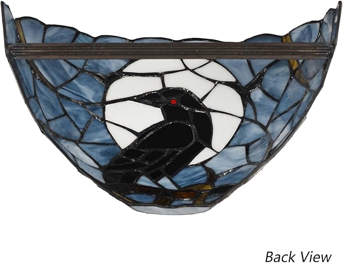 Bieye L10958 Raven Sitting on Tree Branch Against Full Moon Tiffany Style Stained Glass Wall Sconces Light Fixture for Home Decor