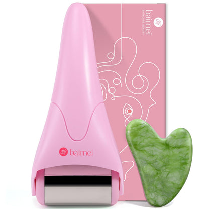 BAIMEI IcyMe Ice Roller for Face and Gua Sha Facial Tool Set, Ice Face Roller Reduces Puffiness Relieves Migraines Skin Care Tools, Self Care Gift for Women - Pink