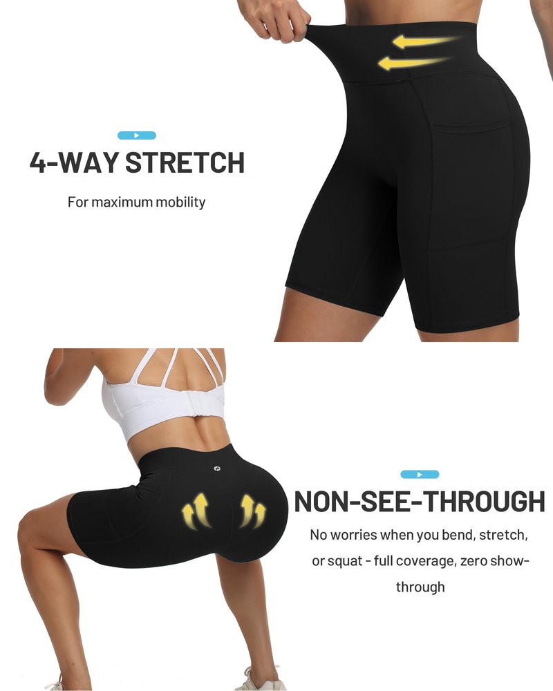 Moozava 8 Inch Workout Shorts Women High Waisted Tummy Control Athletic Compression Biker Shorts Women with Pockets Gym Yoga Running Volleyball Black 2XL