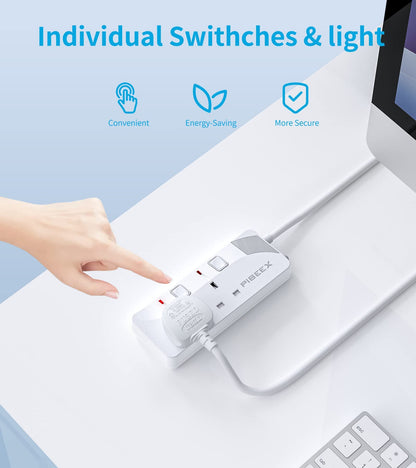 PIBEEX Extension Lead 2 Way Plug Sockets with Individual Switches Wall Mountable Power Strip 1.5M Extension Cable 13A Fused UK Plug 3250W