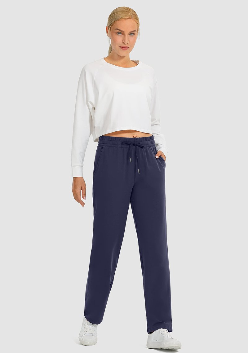 SANTINY Women's Cotton Sweatpants Yoga Lounge Casual Pants Open Bottom Sweat Pants for Women with Pockets (Navy_S)