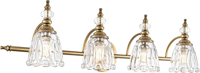 Gold Bathroom Light Fixtures 4 Lights, Antique Brass Vanity Light, Vanity Light Over Mirror, Vintage Bathroom Light with Clear Flower Glass, Lights for Wall Interior Hallway