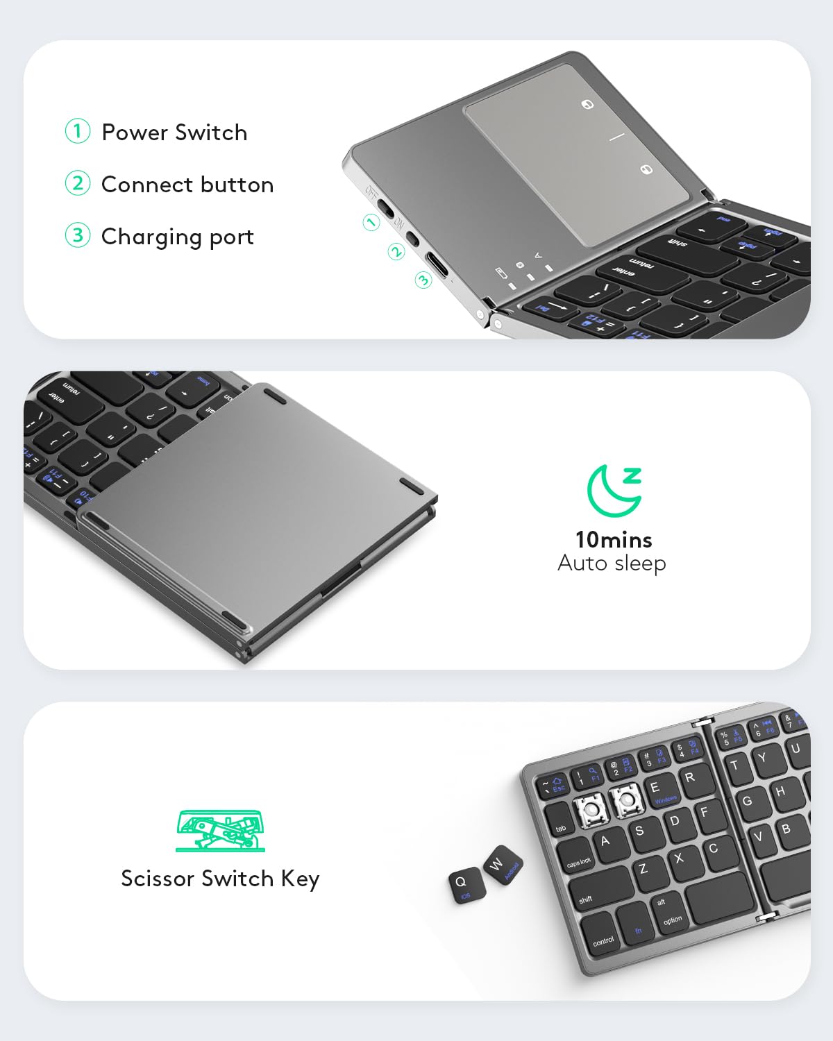 Samsers Foldable Bluetooth Keyboard with Touchpad - Portable Wireless Keyboard with Holder, Rechargeable Full Size Ultra Slim Pocket Folding Keyboards for Android Windows iOS Tablet & Laptop - Black