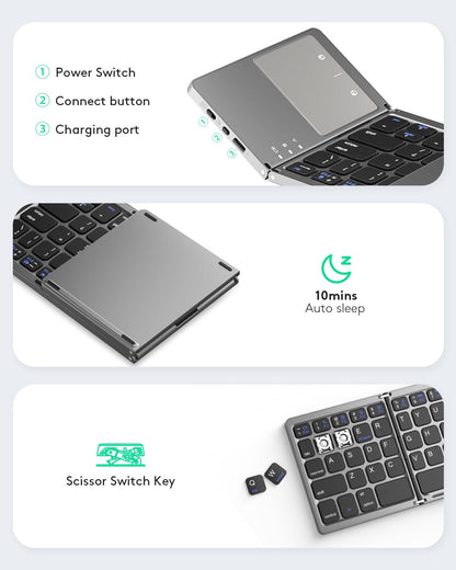Samsers Foldable Bluetooth Keyboard with Touchpad - Portable Wireless Keyboard with Holder, Rechargeable Full Size Ultra Slim Pocket Folding Keyboards for Android Windows iOS Tablet & Laptop - Black