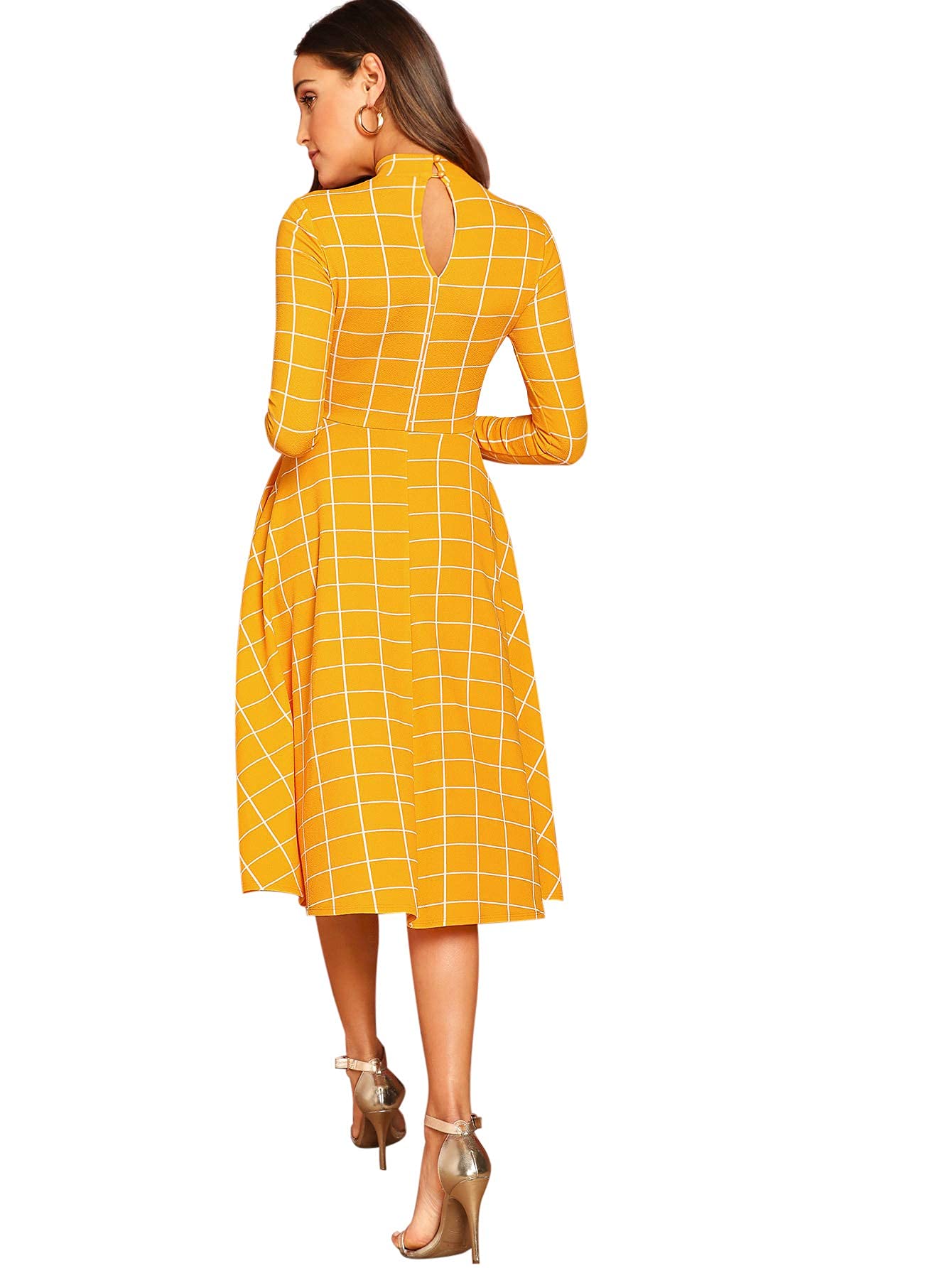 Floerns Women's Fit and Flare Plaid High Neck Long Sleeve Midi Dress Yellow Plaid L