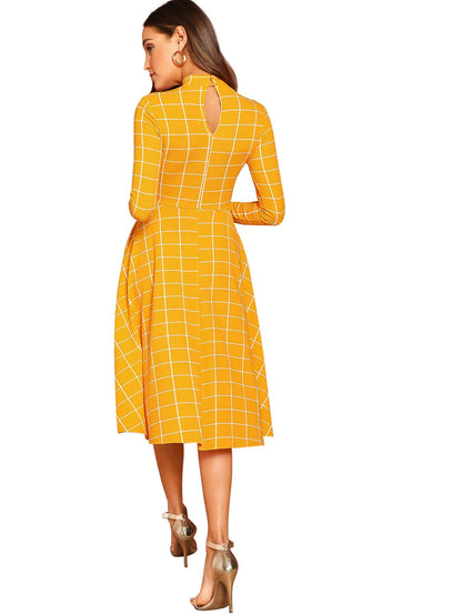 Floerns Women's Fit and Flare Plaid High Neck Long Sleeve Midi Dress Yellow Plaid L