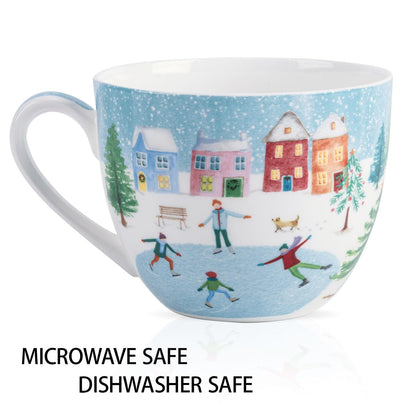 Christmas Skating Mug - 20 oz Bone China Winter Coffee Mugs with Snowy Village, Perfect Holiday and Christmas Gifts for Friends and Family - Designed in England by Harvest Green Studio