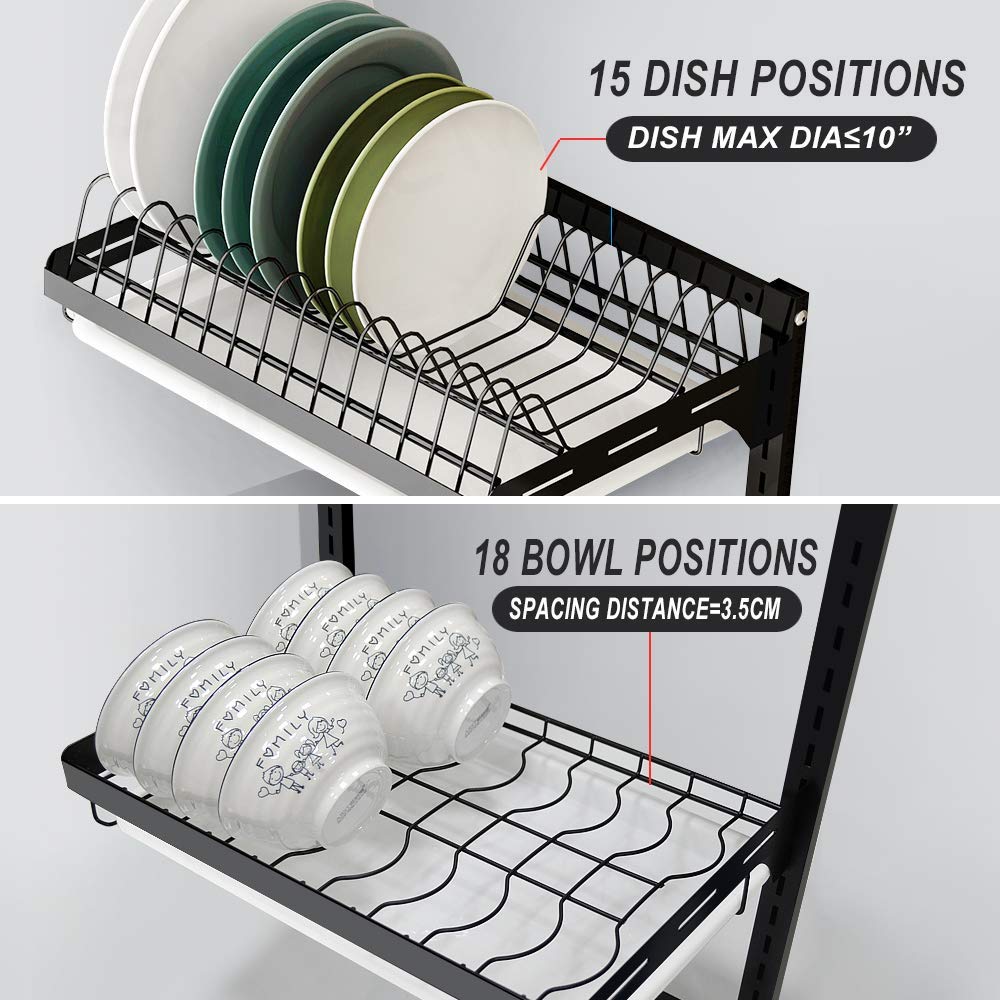 junyuan Hanging Dish Drying Rack Wall Mount,Dish Racks Drainer,3 Tier Kitchen Plate Organizer Storage Shelf with Drain Tray with 3 Hooks,Stainless Steel Black Coating (3 Tier, 21.8)