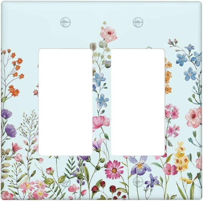 Rustic Wild Floral Vintage Blue Watercolor Flower 2 Gang Rocker Decora Light Switch Covers Decorative Unique Dual Outlet Covers Wall Plate Electrical Faceplate Switchplate GFCI for Bedroom
