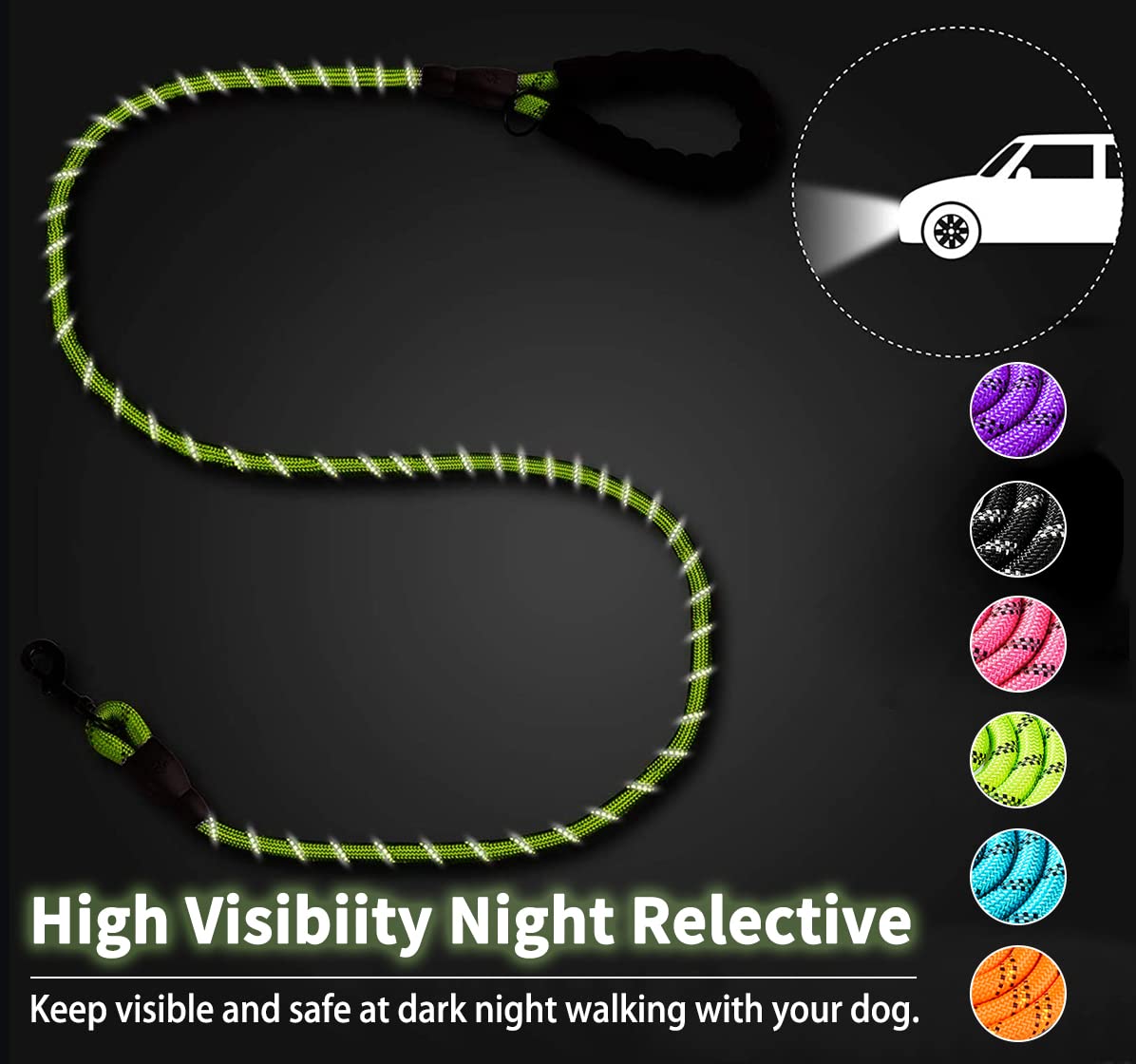 COOYOO 2 Pack Dog Leash 6 FT Heavy Duty - Comfortable Padded Handle - Reflective Dog Leash for Medium Large Dogs with Collapsible Pet Bowl Set 6-Black+Green