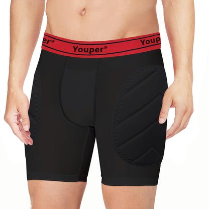 Youper Boys Slider Padded Shorts with Hat Pocket for Baseball, Football, Lacrosse, black / red, M