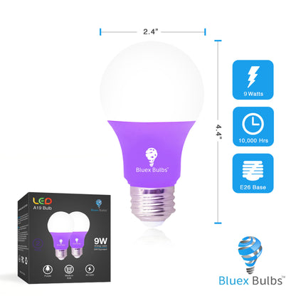 BlueX Bulbs 2 Pack LED A19 Purple Light Bulb - 9W (60Watt Equivalent) - E26 Base LED Bulb, Party Decoration, Porch, Home Lighting, Holiday Lighting, Non-Dimmable.