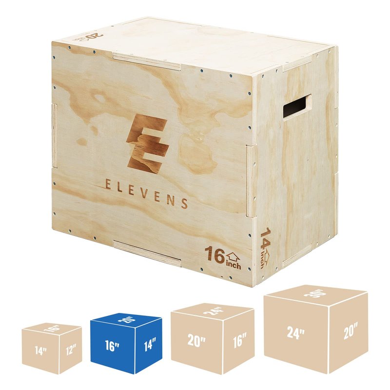 Elevens 3 in 1 Wooden Plyo Box Jump Box Plyometric Box for Jumping Trainer, Skipping, Jumping, Lunges, Box Jumps, Squats, Step-Ups, Dips (20"x14"x16")