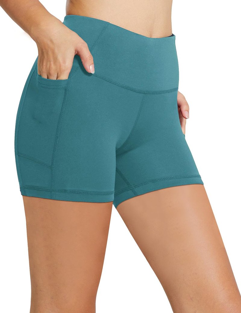 baleaf Biker Shorts Women Yoga Gym Workout Spandex Running Volleyball Tummy Control Compression with Pockets 5" Green L