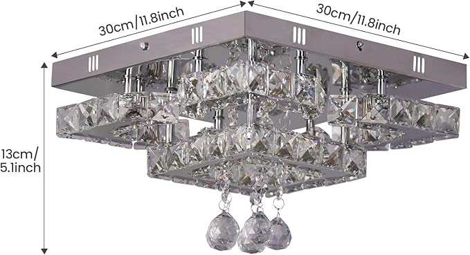 CXGLEAMING 11.8" Modern Crystal Chandelier LED Ceiling Light Fixture Suitable for Kitchen Corridor Hallway Bedroom Bathroom Dining Room 4 Petals/Raindrop Ball Square Wall Switch （White Light）