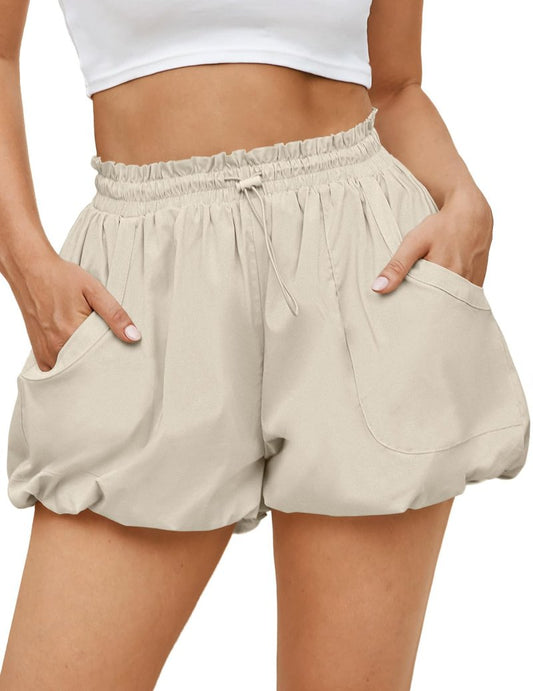 Fisoew Womens Summer Bubble Shorts Casual High Waisted Workout Puffy Shorts with Pockets Apricot