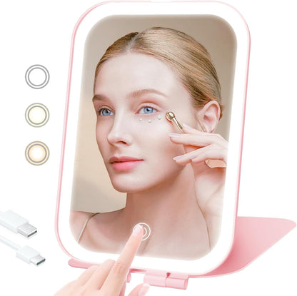 Travel Makeup Mirror, Portable Mirror with 3 Adjustable Light Settings, USB-Rechargeable Vanity Mirror with Lights，Gift for Women and Girls