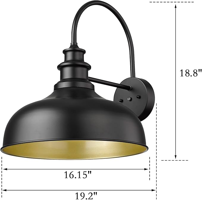 Bestshared 16 Inch Dome Large Dusk to Dawn Sensor Gooseneck Barn Light Farmhouse Outdoor Wall Sconce Industrial Exterior Wall Lighting Fixture, Outside Lantern Garage Lamp(Black+ Gold, 16” Dome-2Pack)