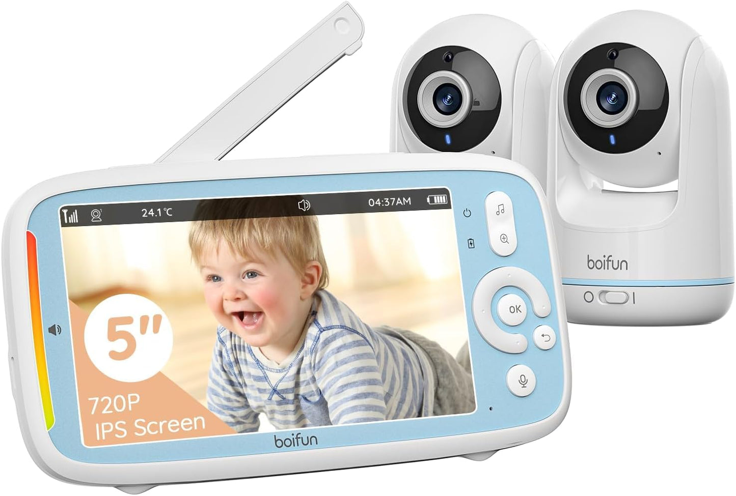 BOIFUN Video Baby Monitor with 2 Cameras, 5-inch 720P IPS Screen, Dual 360 Camera, No Wifi, 3050mAh Battery, VOX Mode, Invisible Night Vision, Two-way Audio, Temperature Sensor, Lullabies, Elder,Twins