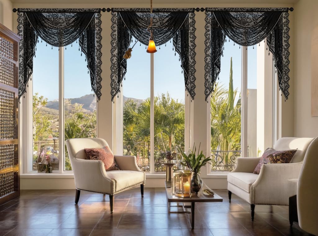 Huierxun Halloween Black Lace Waterfall Window Valance with Bead Tassels Floral Embroidered Valance Curtains Semi Sheer Rod Pocket Valance/Swags for Bedroom/Living Room/Kitchen/Basement(Black,39"x41")