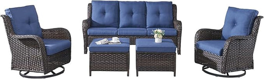 Rilyson Wicker Patio Furniture Set - 5 Piece Rattan Outdoor Sectional Conversation Sets with 2 Rocking Swivel Chairs,2 Ottomans and 1 Sofa for Porch Deck Garden(Brown/Blue)