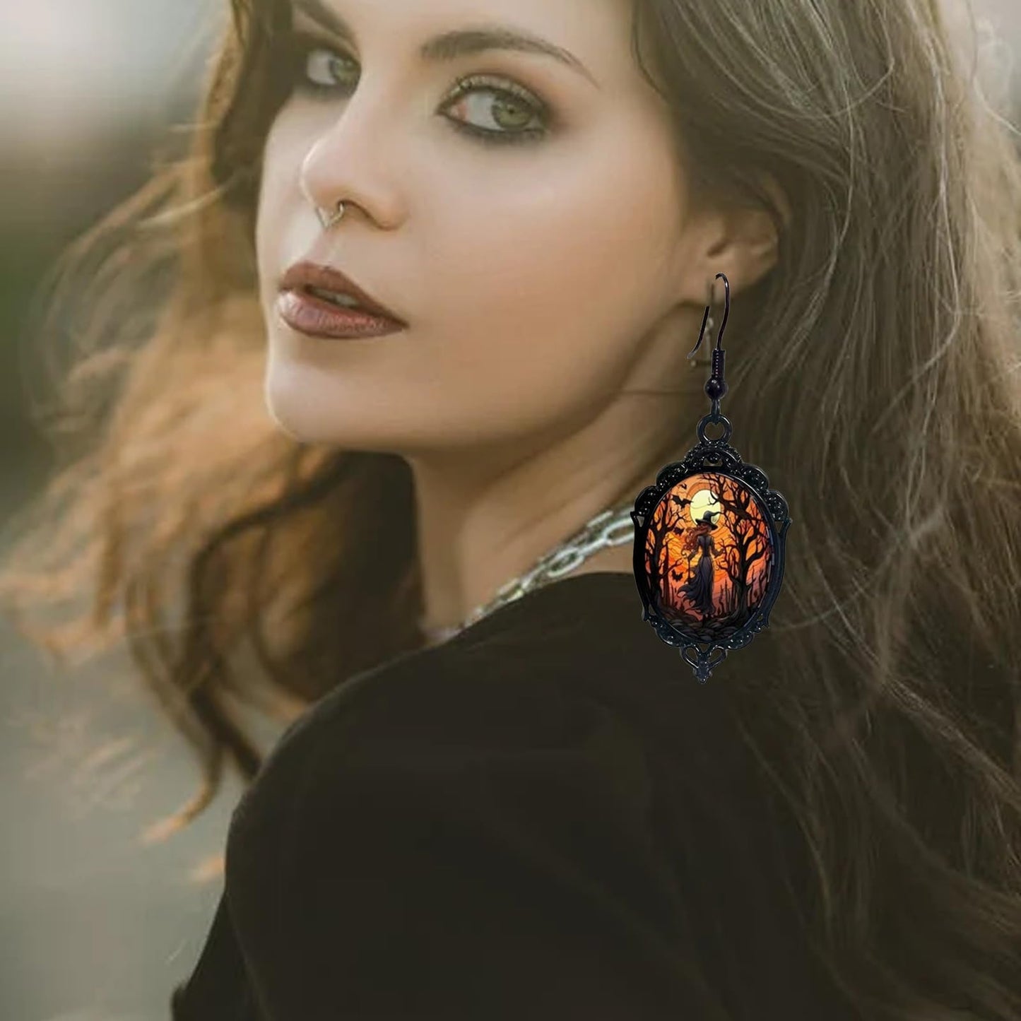 Gothic Mystery Witch Cameo Earrings,Vintage Crystal Glass Witch Dangle Earring Punk Style Mystery Earrings Goth Victorian Earring Halloween Jewelry for Women (Black)