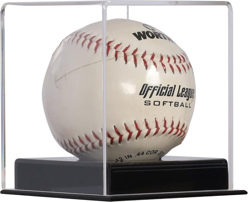UV Protection Softball Display Case - Clear Cube for 12-Inch Balls | Black Plastic Stand