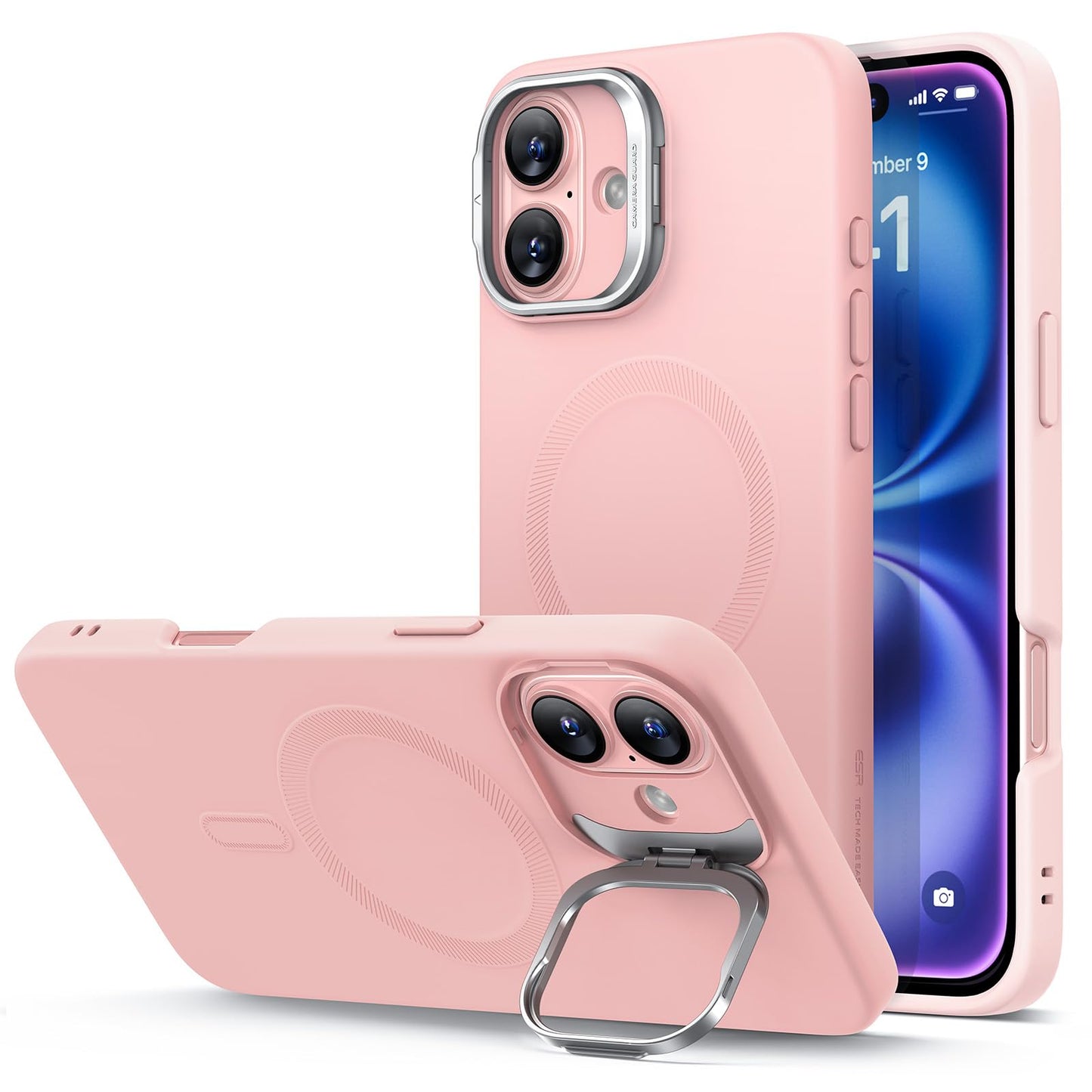 ESR Silicone Case for iPhone 17, Built-in Camera Stash Stand Compatible with MagSafe, Military-Grade Drop Protection Magnetic Phone Case for iPhone 17, Cloud Series, Rosy Pink