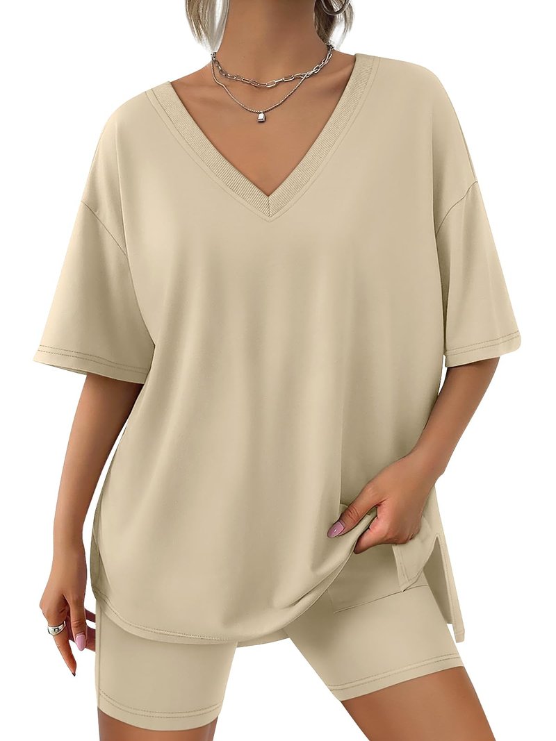 Trendy Queen Womens Two Piece Lounge Sets Spring Outfits 2026 Summer Fashion Vacation Tops Shorts Matching Tracksuits Khaki L