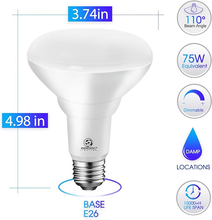 Energetic BR30 Dimmable LED Recessed Light Bulb, 11W=75W, 4000K Cool White, 900LM, Indoor Flood Light Bulb for cans, CRI85+, 6-Pack