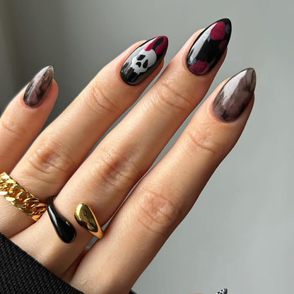 24 Pcs Black Nails Halloween Press on Nails Medium Length Fake Nails Almond RIICFDD False Nails with Red Rose and Skull Pattern Design Full Cover Horror Stick on Nails for Women and Girls