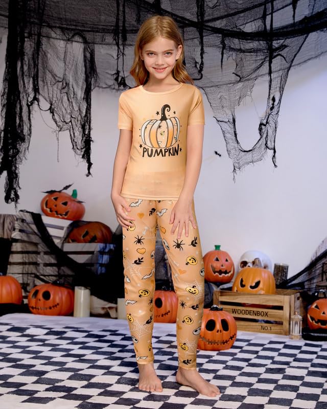 MyFav Halloween Girl Pajamas Set Cute PJS Short Sleeve Long Pants Sleepwear Crew Neck Kid PJS Night Clothes,Light Orange,10Y
