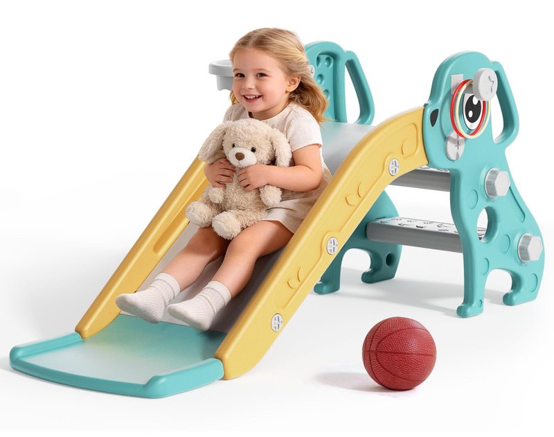 BIERUM 4 in 1 Toddler Slide, Kids Slide for Indoor Outdoor Playground, Slides with Basketball Hoop & Ring Toss, Puppy Shaped Playset for Toddlers Age 1-3, Green Yellow