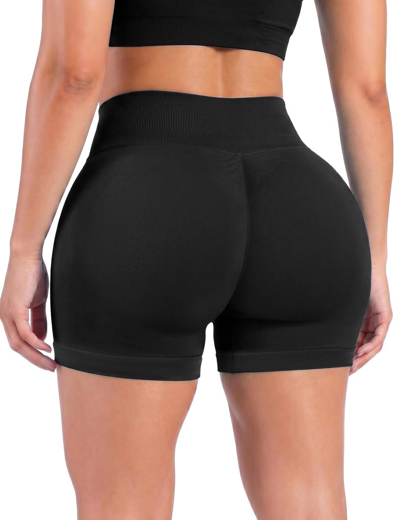 RIOJOY Womens Workout Shorts 4" Seamless High Waisted Scrunch Sports Yoga Fitted Short Tummy Control Running Biker Athletic No Front Seam Pants Soft Lightweight Booty Leggings Black L
