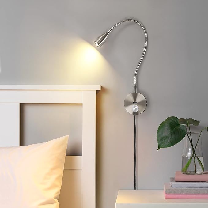 Dimmable Reading Light Plug in Wall Mounted Bedside Headboard Reading Light Task Directional Gooseneck LED Light 3W Output (Brushed Nickel, 120V Plug in, Warm White)