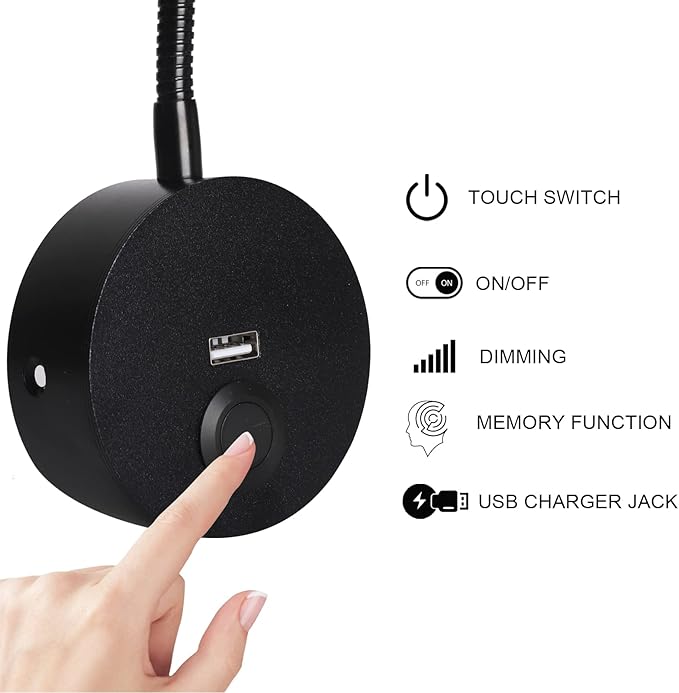 Dimmable Bedside Plug in Reading Light, Minimalist LED Bed Reading Lamp Headboard Wall Surface Mount Sconce with USB Charger (Matte Black)