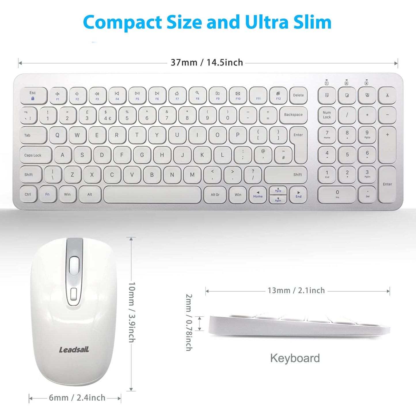 LeadsaiL Wireless Keyboard and Mouse Set, Wireless USB Mouse and Compact Computer Keyboards Combo, QWERTY UK Layout for HP/Lenovo Laptop and Mac-Silver