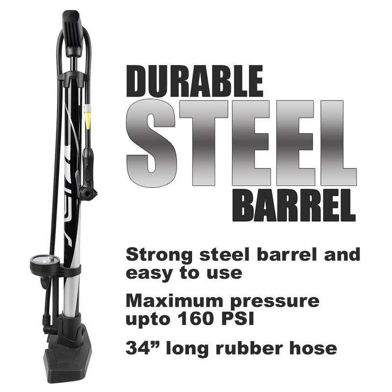 BV Bike Pump Out of Durable Steel - Bicycle Pump 160 PSI high Pressure, Bike Tire Pump 17/24 inch Smart Valve Head, Automatically Reversible Presta & Schrader, Ball Pump