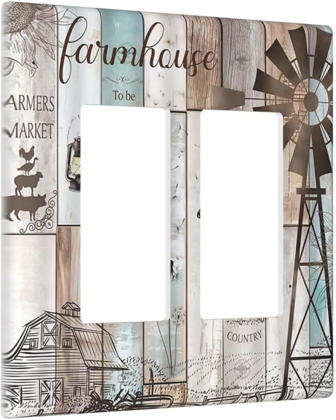 Rustic Western Farmhouse Windmill Double Rocker Light Switch Cover Vintage Barn Wooden Plank Inspirational Quote 2 Gang Outlet Wall Plate Decorative GFCI Switchplate Electrical Faceplate