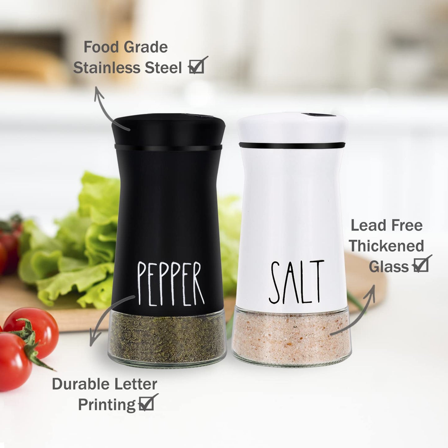 Farmhouse Salt and Pepper Shakers with Adjustable Pour Holes, Refillable Salt Shaker by Aelga, Ideal for Himalayan, Kosher, Black and White Pepper