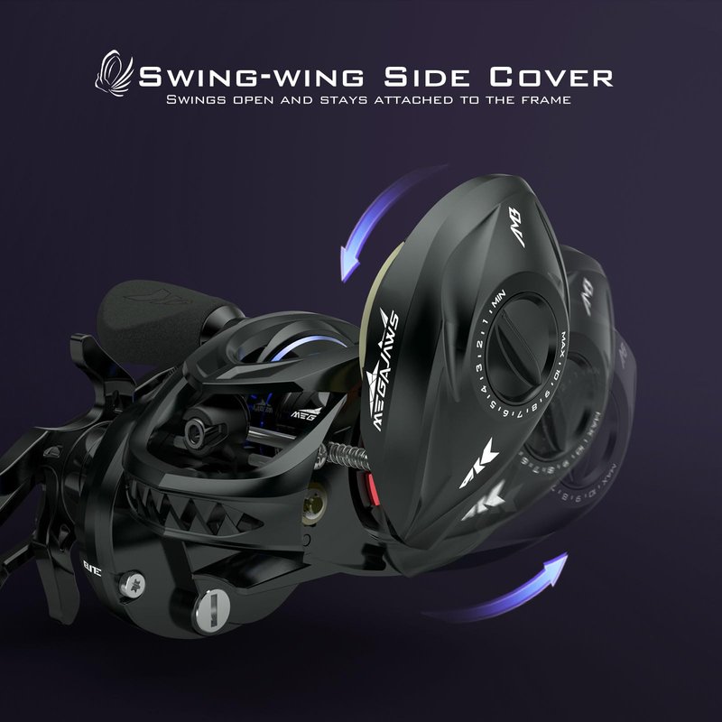KastKing MegaJaws Elite Baitcasting Reels, 7.2:1 Gear Ratio, Right Handed, Black Violet, Shallow Spool, No Flipping Switch