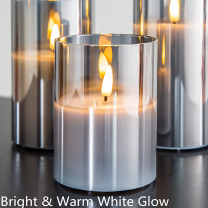 Eywamage Silver Grey Glass Flameless Flickering Candles with Remote, 3 Pack Realistic LED Fake Candles ∅ 3" H 4" 5" 6"