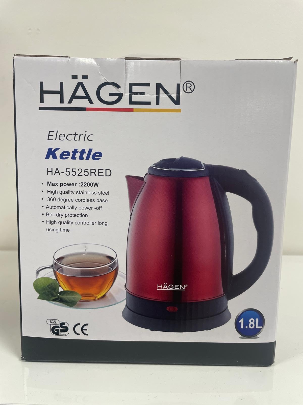 Hagen - Stainless Steel Electric Wireless Kettle 1.8L Hagen HA5525-RED Red