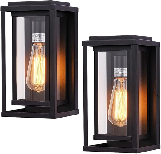 Cerdeco 12” Modern Outdoor Wall Sconce with Rectangular Metal Frame and Transparent Glass Shade,Black Outdoor Lighting for Garage Porch Patio Pack of 2(ETL Listed)
