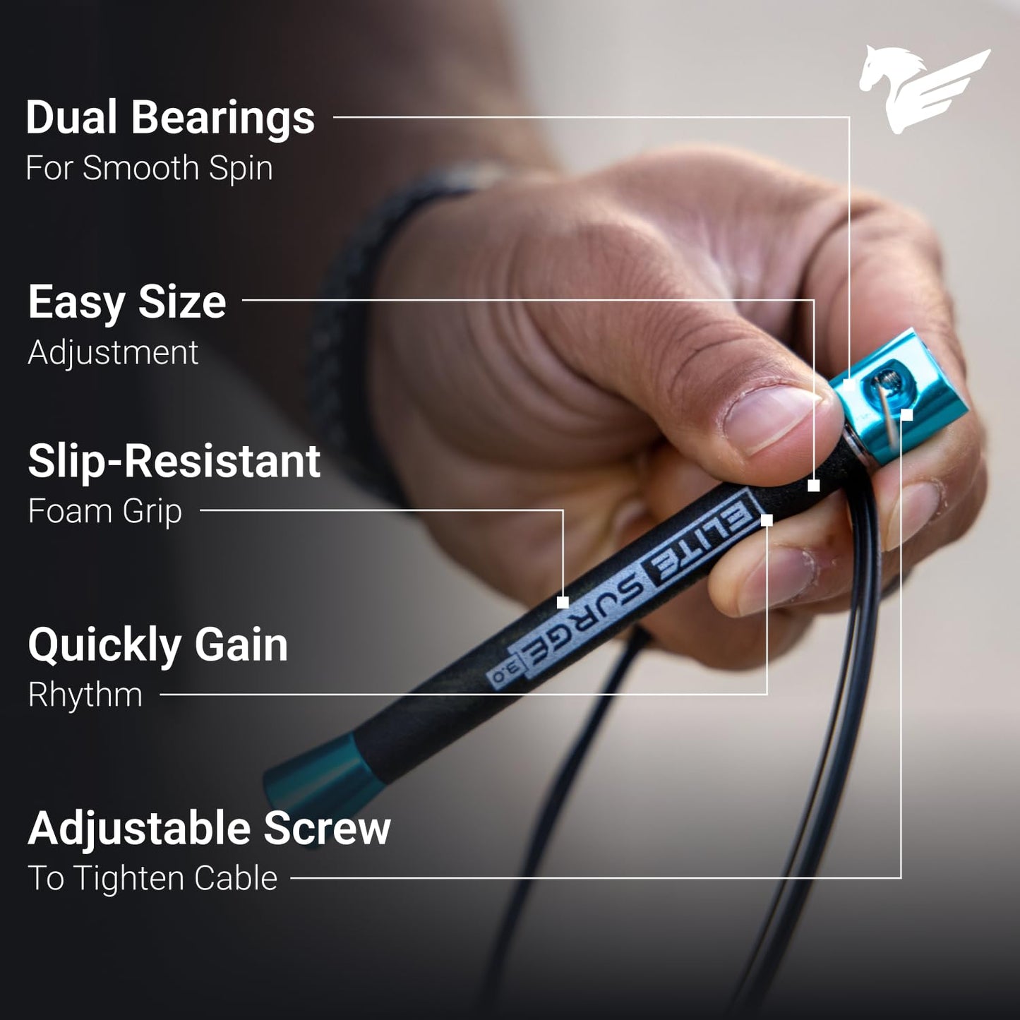 Elite Jumps Surge 3.0 Professional Speed Rope for Double Unders - Patented Dual Bearing Ultra Light-Weight Handle for Premium Spin Control and Kink-Resistant Cable for the Ultimate Speed Jump Rope