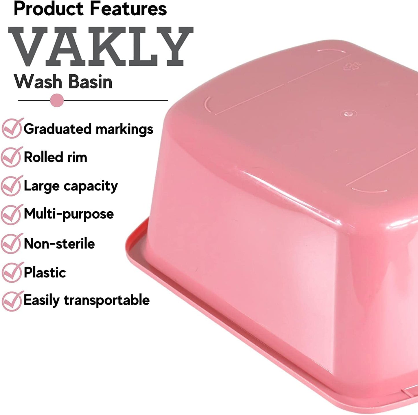 Wash Basins – Rectangular Plastic Hospital Bedside Soaking Tub - Small 7 Qt Graduated Bucket - Portable Washbasin for Washing, Cleaning, Foot Bath, Dishes, Face Cleansing Bowl -13.25 x 10 x 4.5 Inches