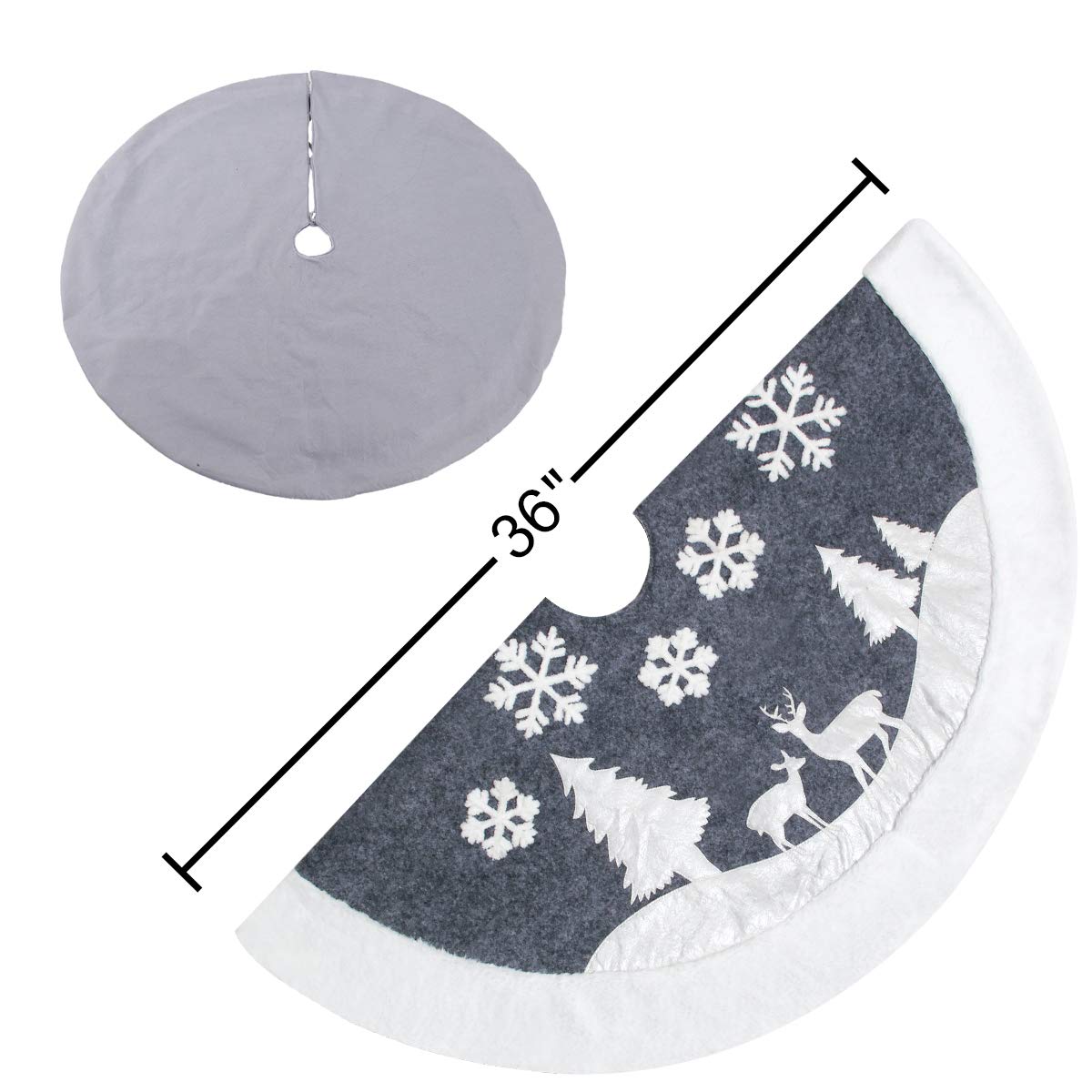 Christmas Tree Skirt, Fur Rustic White Xmas Tree Skirt,Snowy Christmas Trees Mat Decorations Indoors,Deer and Snowflake Pattern (36 inches, Two Deers)