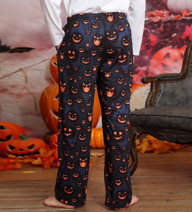 Pjs Bottoms Mens Halloween Orange Pumpkin Pajama Pants for Men 3D Printed Black Elastic Waist Sleepwear for Couples Man Funny Hallowmas Sleeping Clothes Male