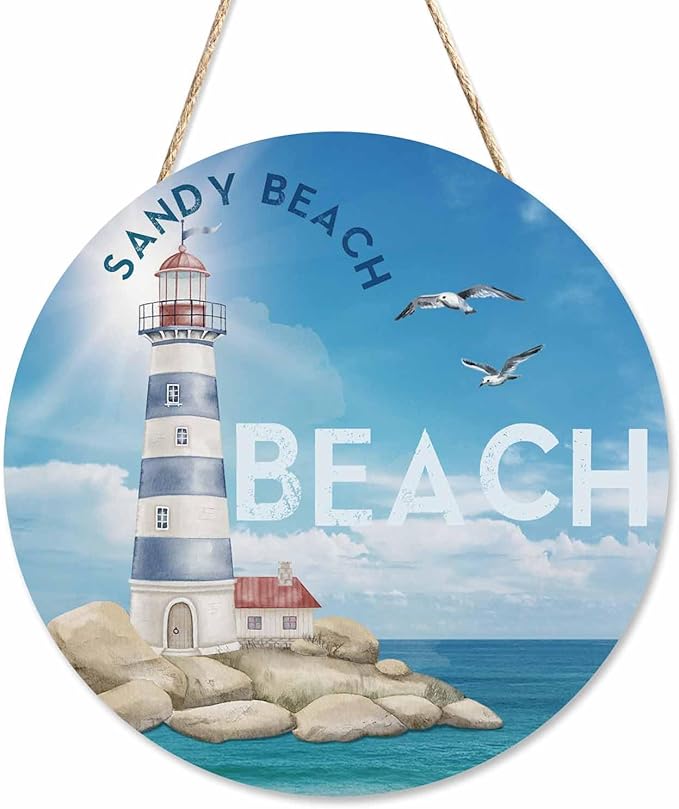 Welcome Sign Wooden Wreath Watercolor Sea Lighthouse for Front Door Wall Window Festival Farmhouse Porch Patio Garden Decor,12in