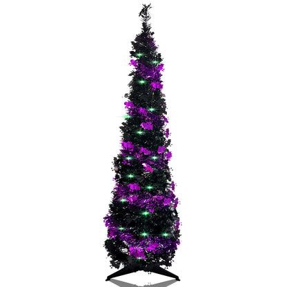 Pop up Christmas Tree for Indoor Decoration,5FT Pre-lit Mini Halloween Tree with 60 Lights,Black Artificial Pencil Tree Collapsible Tinsel Lighted up Christmas Tree